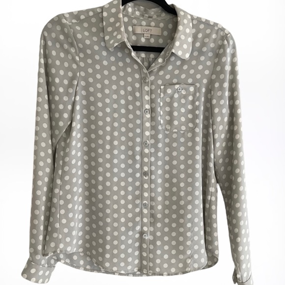 AnnTaylor LOFT Cute & Trendy Polka Dot Collar Button Down Gray/White Blouse SZ L - Picture 6 of 7